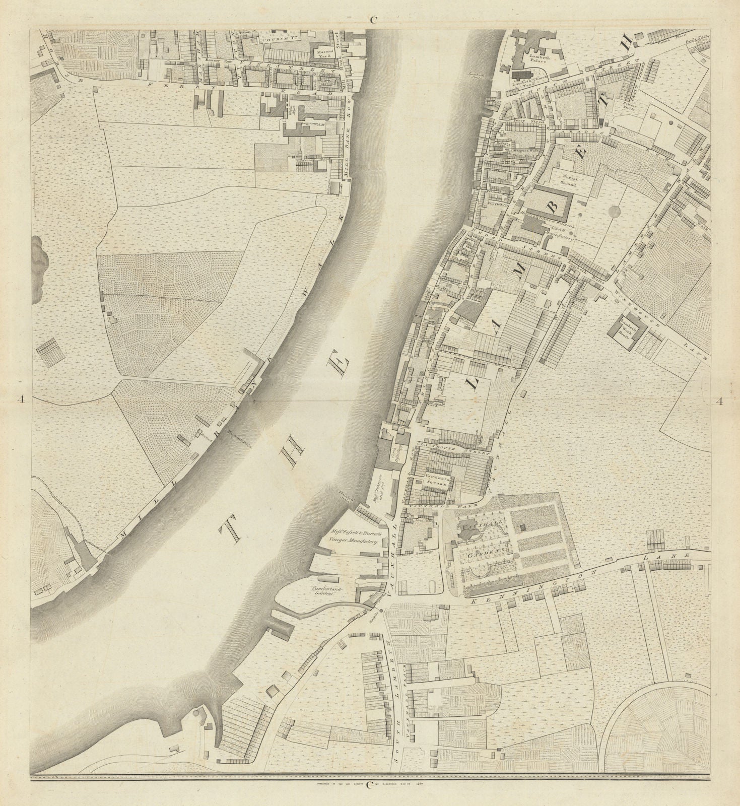 Horwood London C4 Westminster Millbank Vauxhall Lambeth Oval 1799 old map